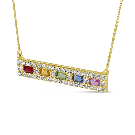14K Yellow Gold Rainbow Sapphire & Diamond Bar Necklace