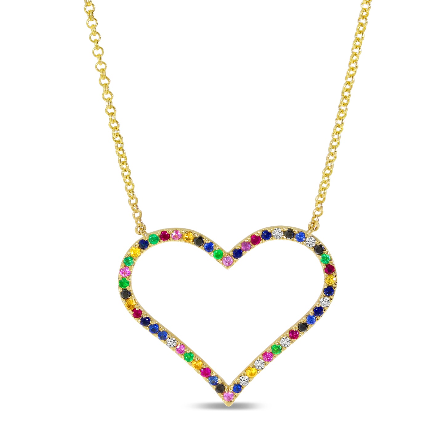 14K Yellow Gold Rainbow Sapphire Large Open Heart Necklace