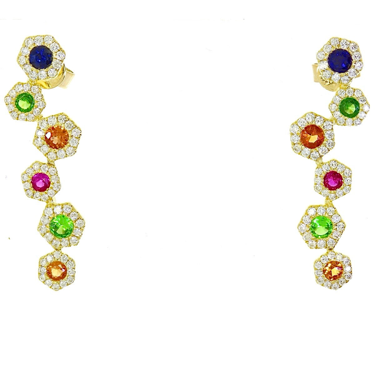 14K Yellow Gold Rainbow Sapphire Hexagon Earrings
