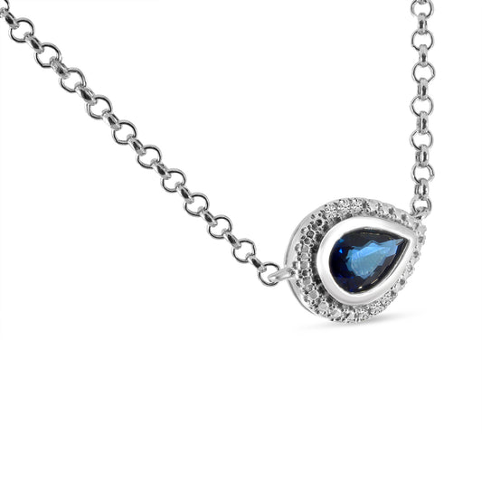 14K White Gold Sapphire Pear and Diamond Halo Necklace