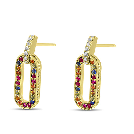 14K Yellow Gold Rainbow Sapphire and Diamond Link Earrings