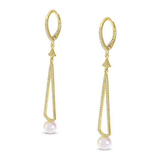 14K Yellow Gold Pearl and Diamond Dangle Earrings