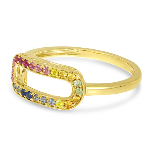 14K Yellow Gold Rainbow Sapphire Paperclip Ring