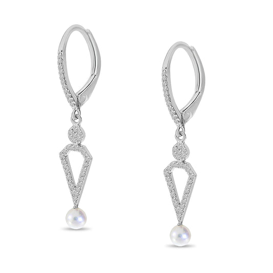 14K White Gold Pearl and Diamond Dangle Earrings