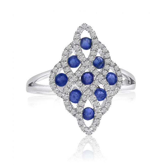 14K White Gold 9 Stone Sapphire and Diamond Ring