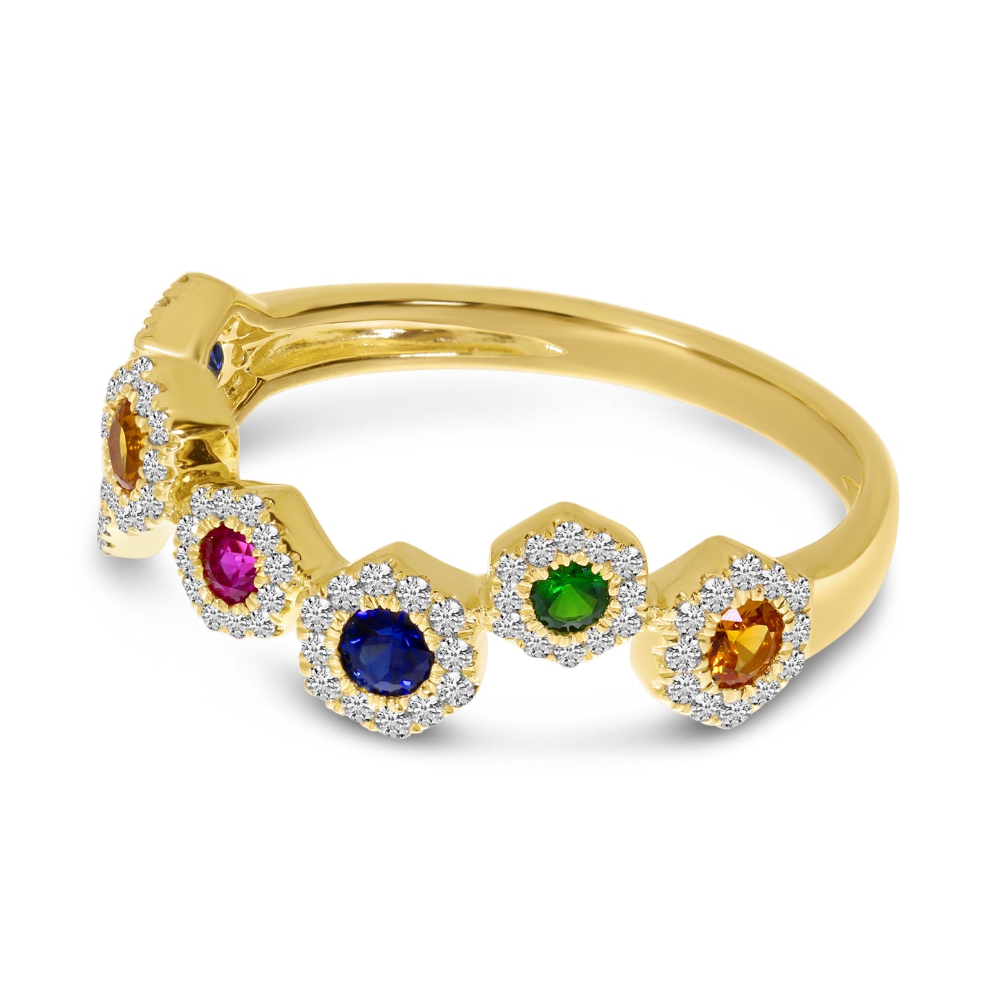 14K Yellow Gold Zigzag Rainbow Sapphire and Diamond Hexagon Ring