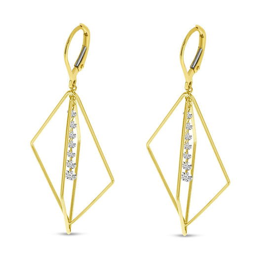 14K Yellow Gold Dashing Diamond 3D Geometric Triangle Earrings