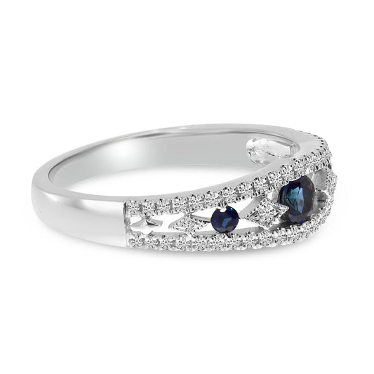 14K White Gold Round Sapphire and Diamond Alternating Band