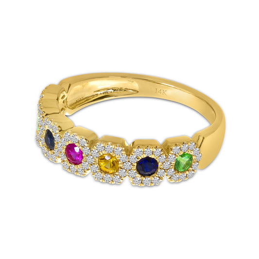 14K Yellow Gold Rainbow Sapphire and Diamond Hexagon Ring