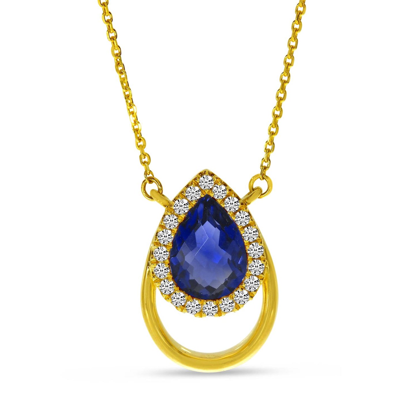 14K Yellow Gold Sapphire and Diamond Open Pear Necklace