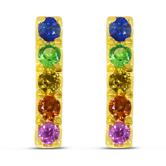 14K Yellow Gold Rainbow Sapphire Bar Stud Earrings