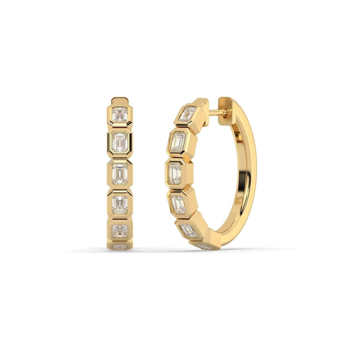 14K Yellow Gold Emerald Cut Diamond Hoop Earrings