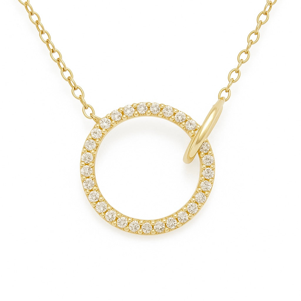 14K Yellow Gold Open Circle Diamond Pendant Necklace