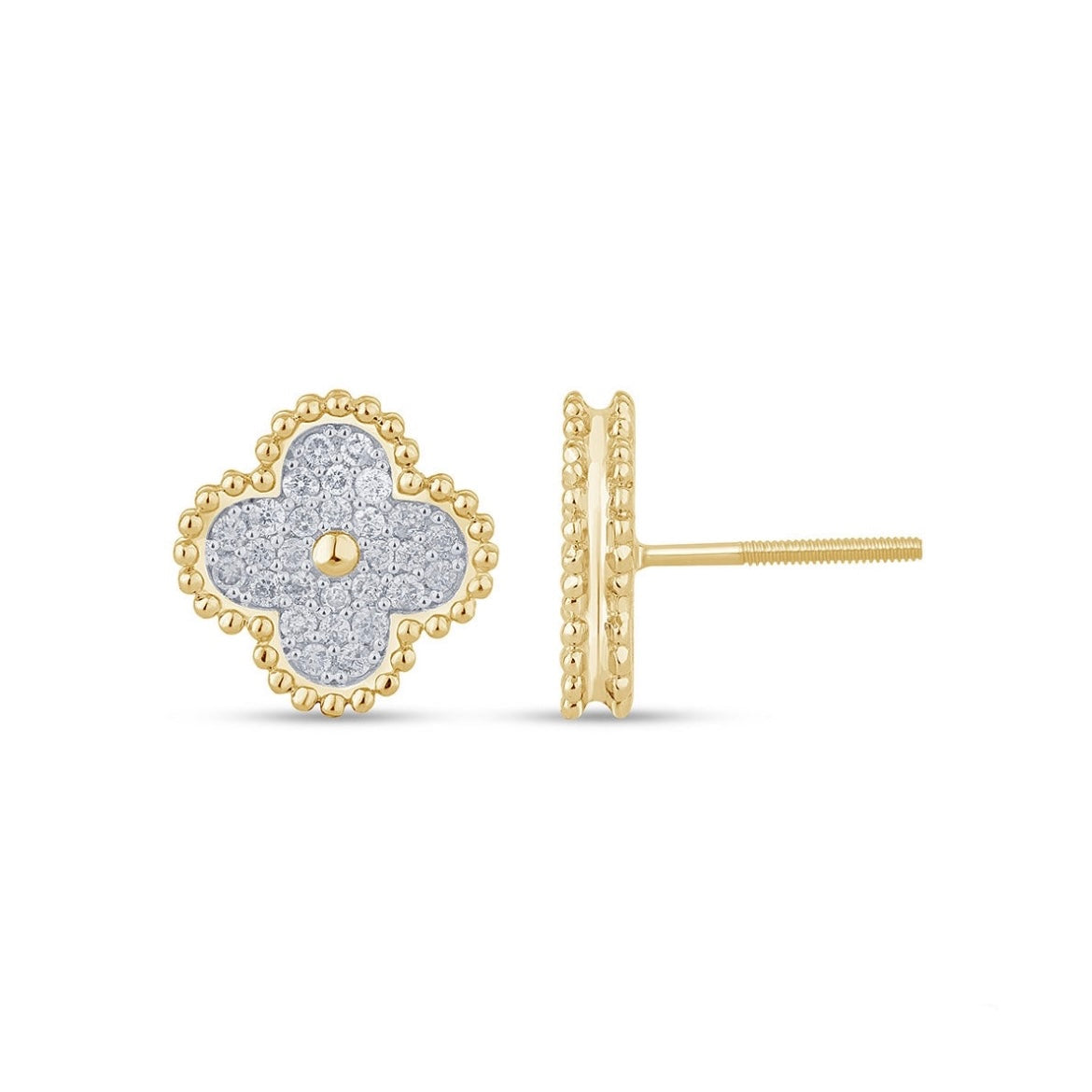 14K Yellow Gold Diamond Clover Flower Earrings
