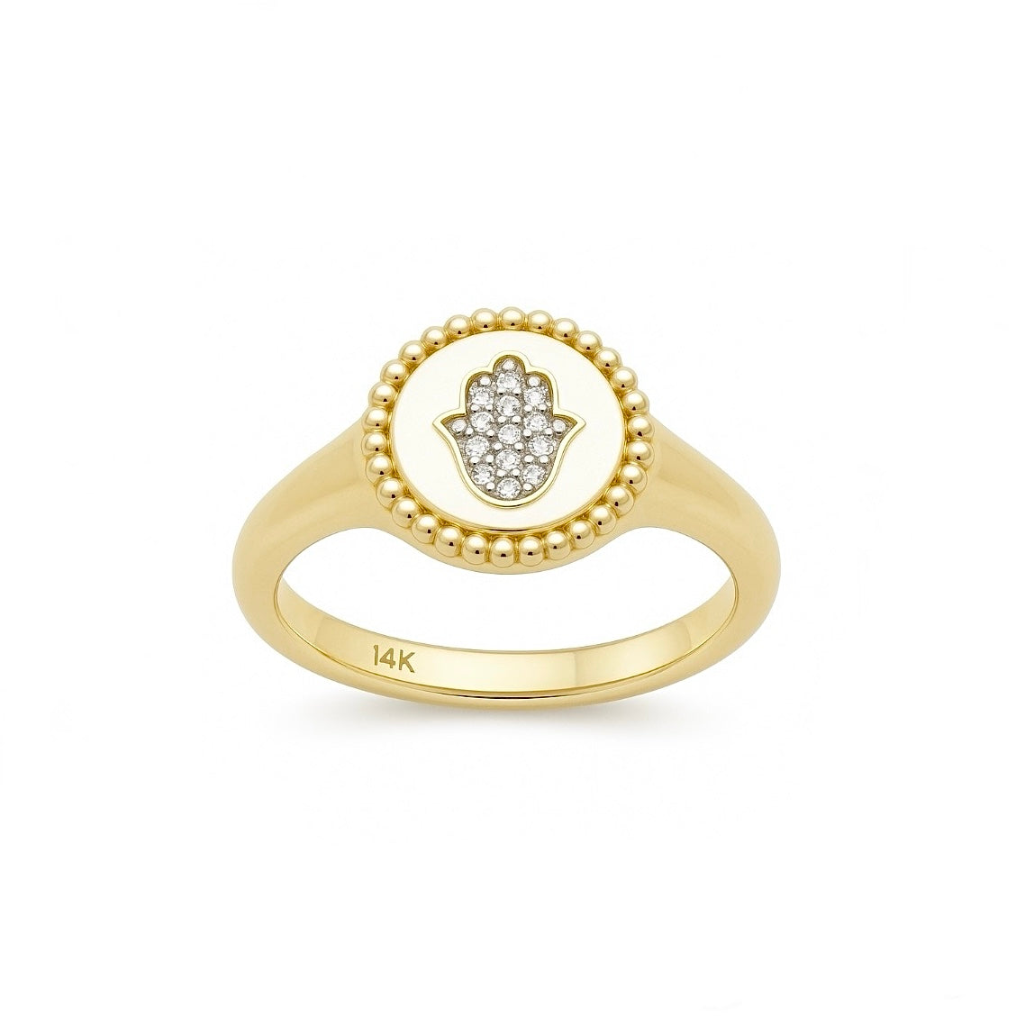 14K Yellow Gold Hand Of Hamsa Diamond Signet Ring
