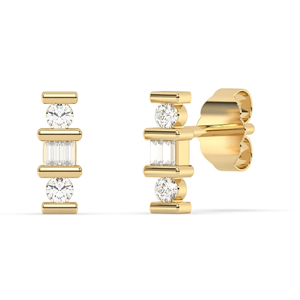 14K Yellow Gold Round & Baguette Diamond Earrings