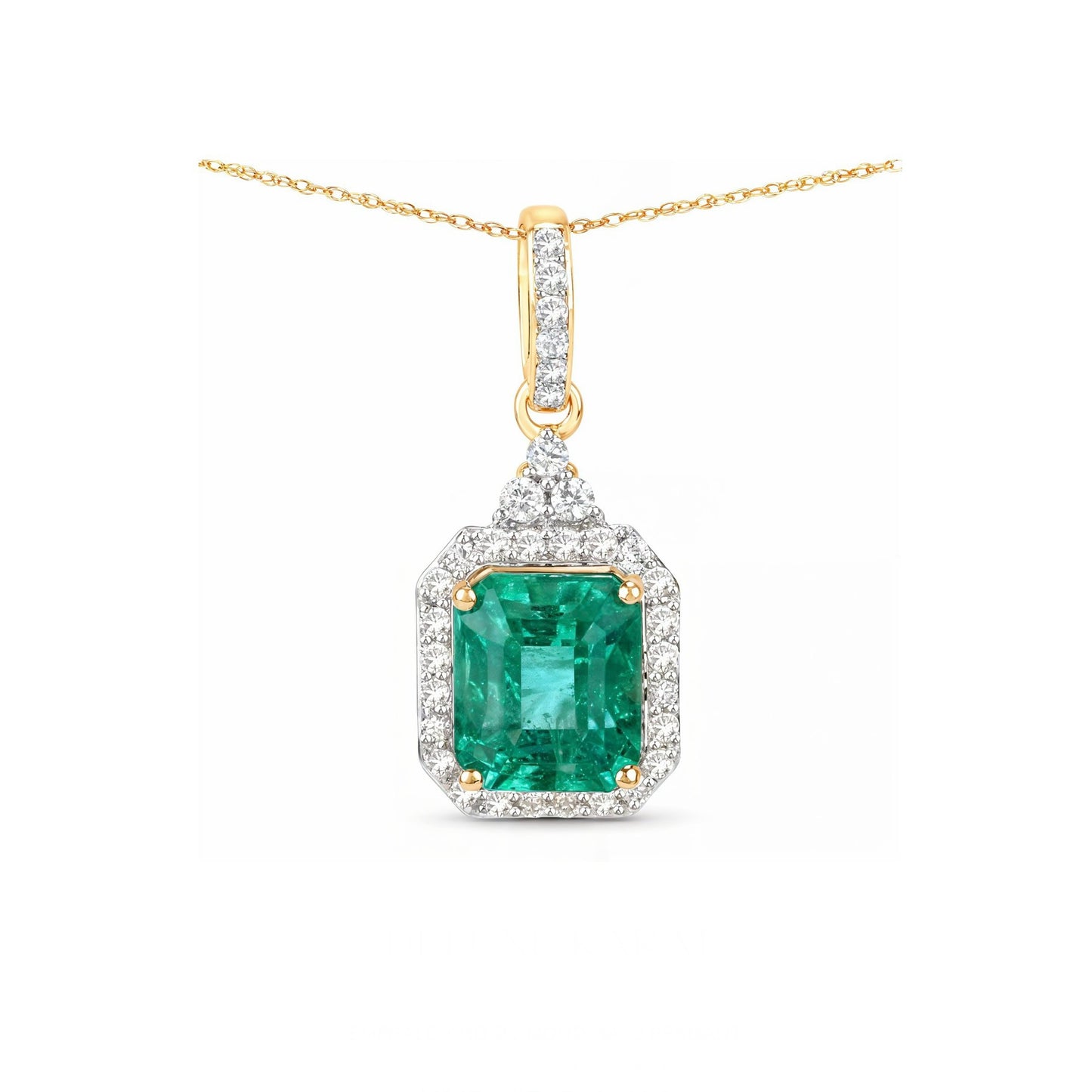 14K Yellow Gold Halo Emerald and Diamond Statement Pendant