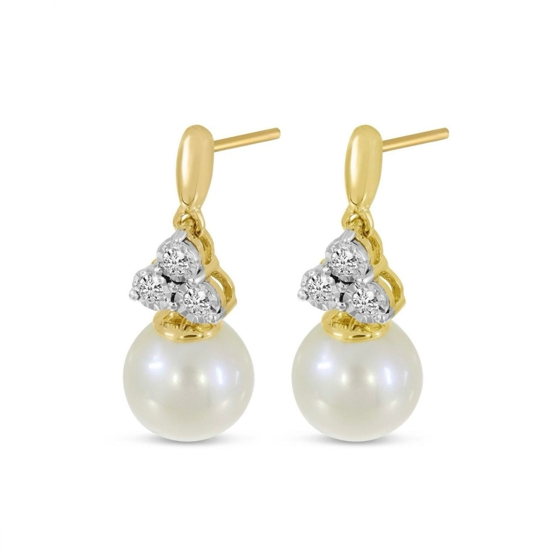 14K Yellow Gold Pearl and Diamond Triangle Post Earrings