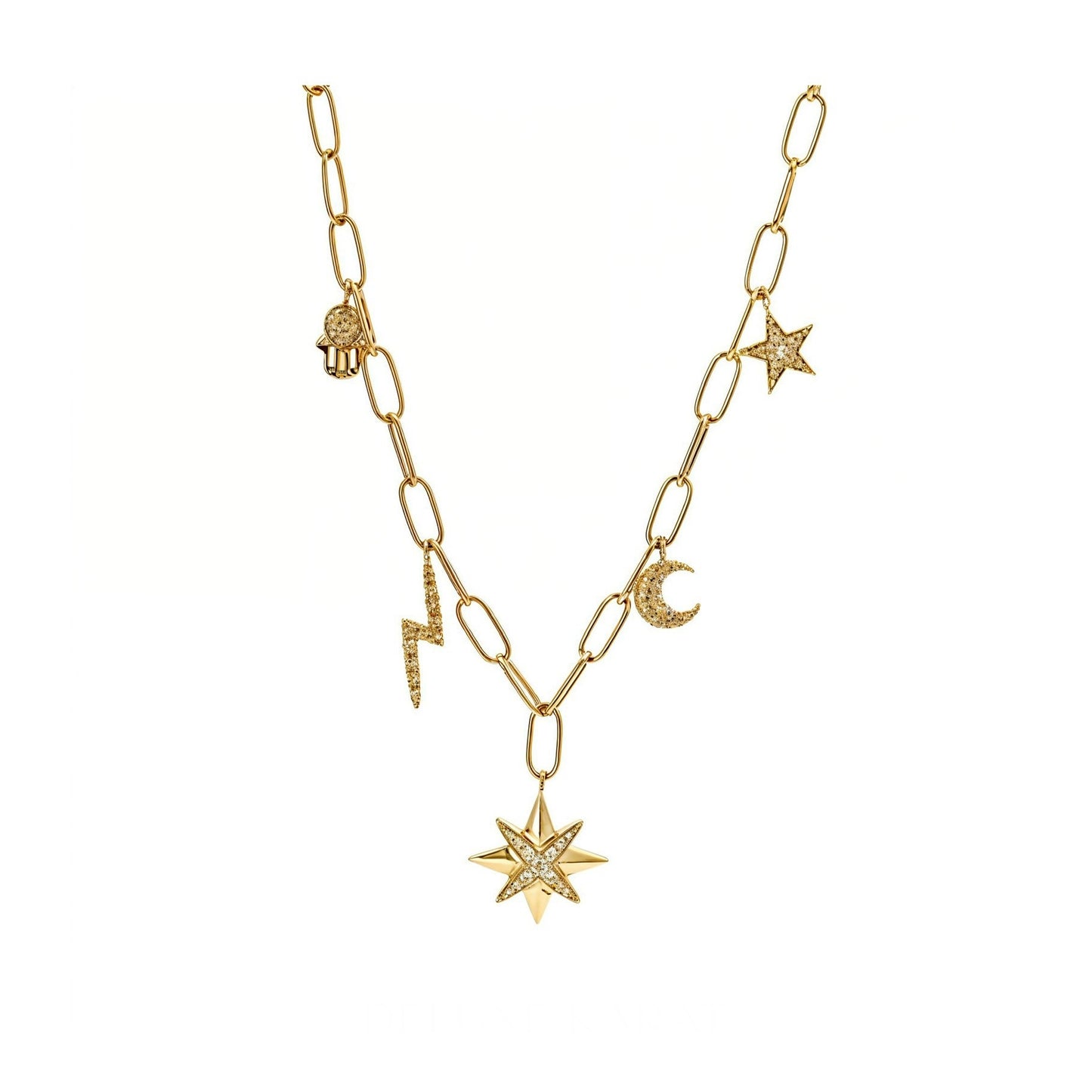 14K Yellow Gold Diamond Charm Paperclip Necklace