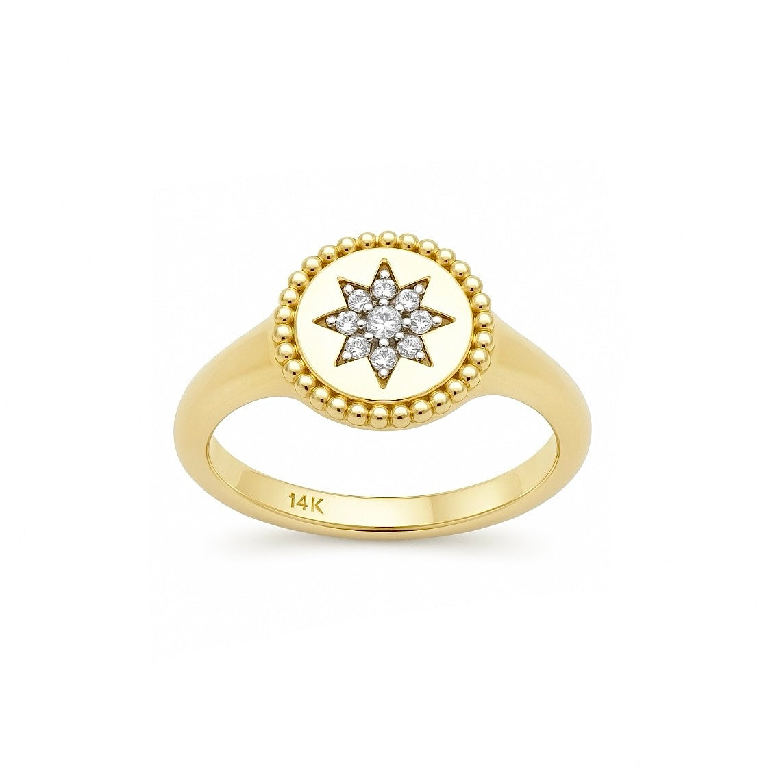 14K Yellow Gold Diamond Celestial Star Signet Ring