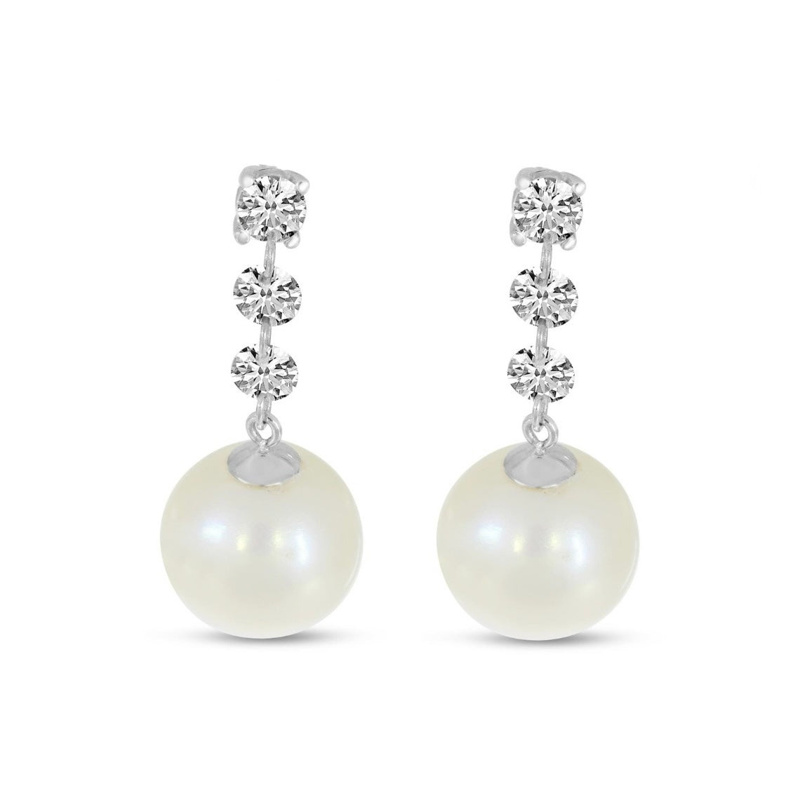 14K White Gold Dashing Diamond Three Stone Drop Pearl Earrings