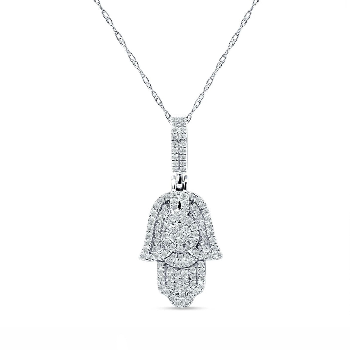 14K White Gold Diamond Hamsa Pendant Necklace
