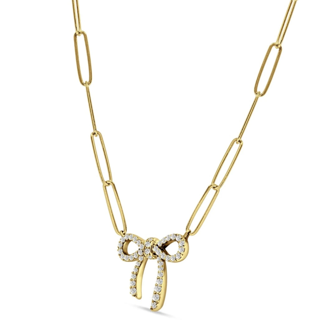 14K Yellow Gold Ribbon Bow Diamond Paperclip Chain Necklace