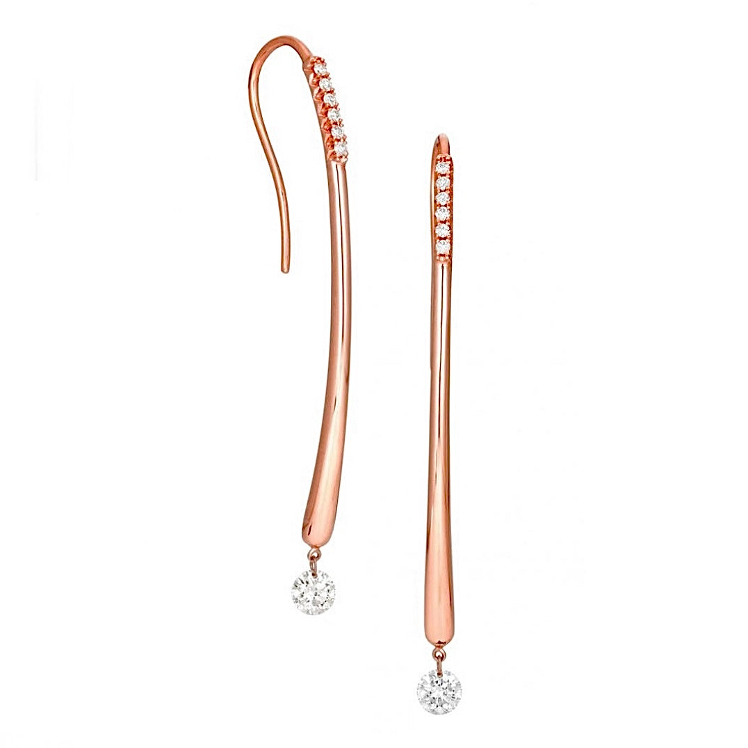 14K Rose Gold Long Single Diamond Dashing Diamond Earrings