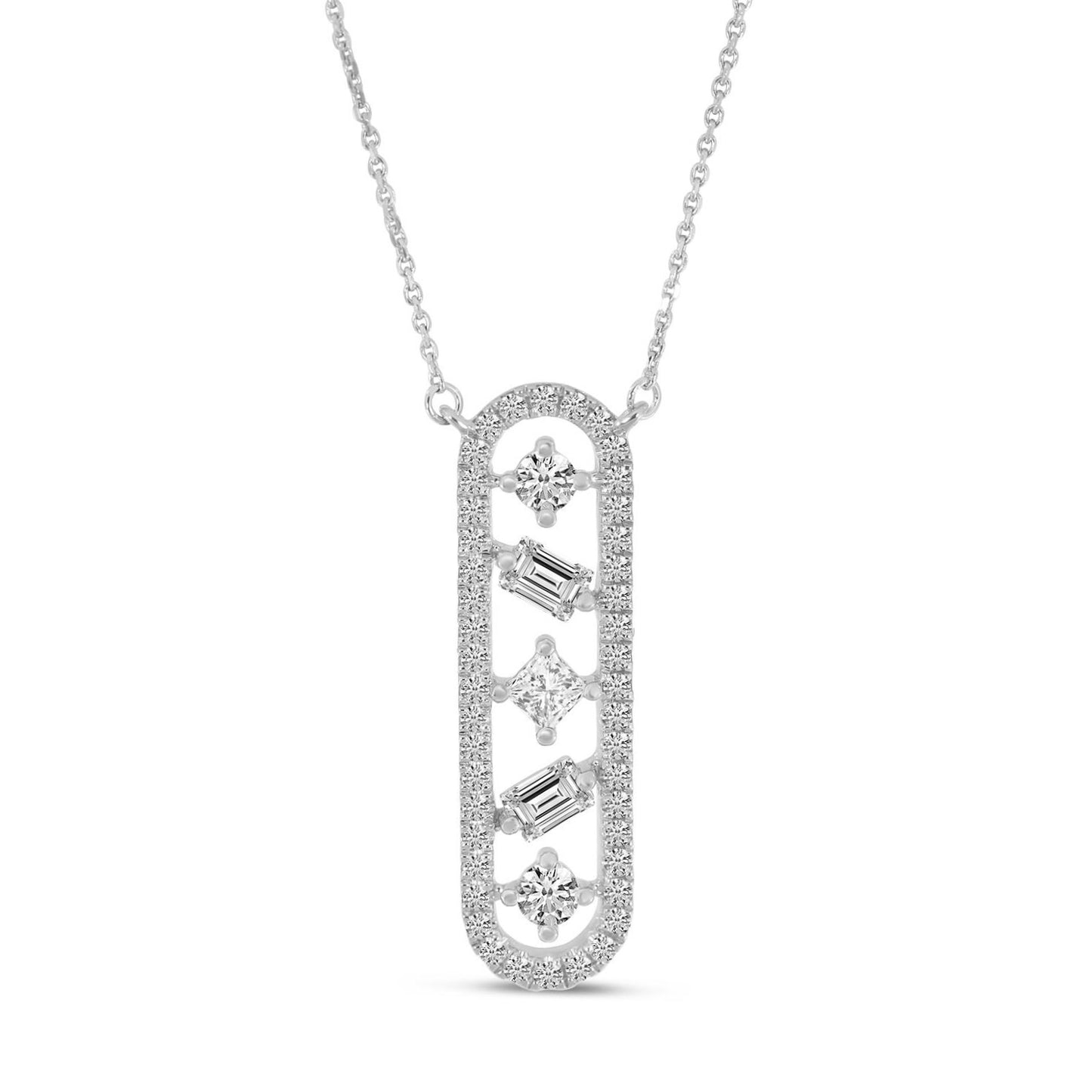 14K White Gold Baguette and Princess Diamond Bar Fashion Necklace