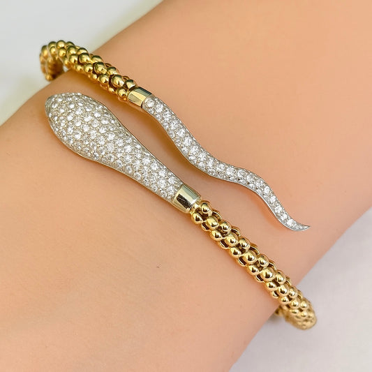 14K Yellow Gold Diamond Snake Bangle Bracelet