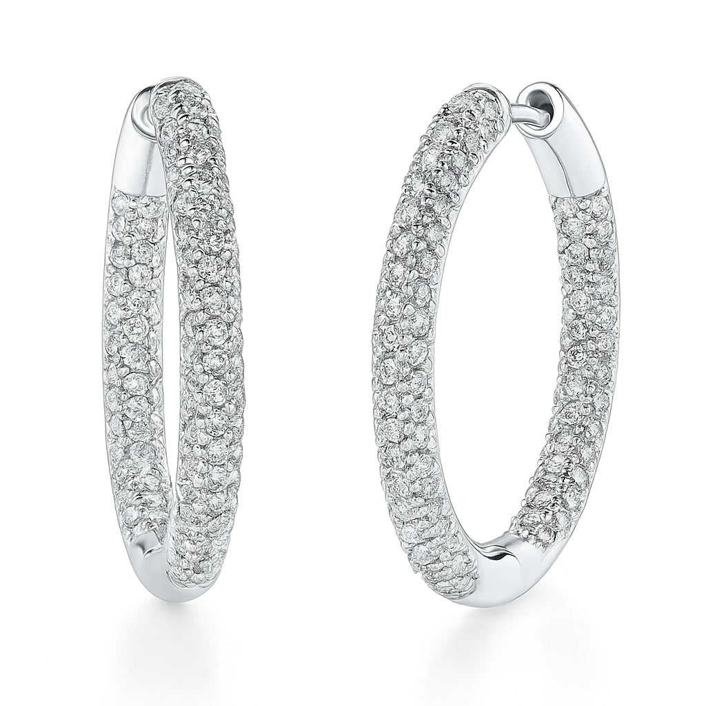 14K White Gold Inside Outside Pave Diamond Hoop Earrings