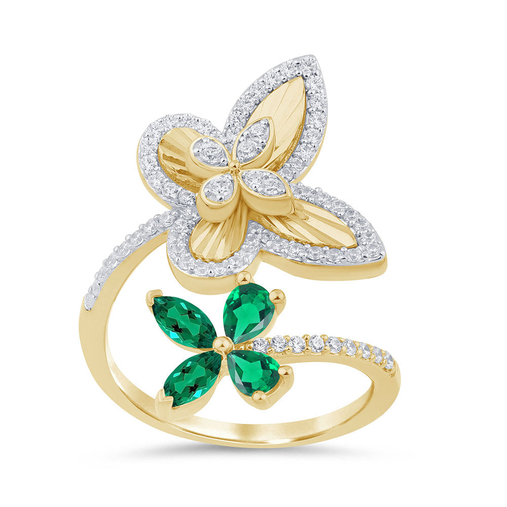 14K Yellow Gold Emerald and Diamond Butterfly Bypass Ring