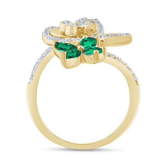 14K Yellow Gold Emerald and Diamond Butterfly Bypass Ring