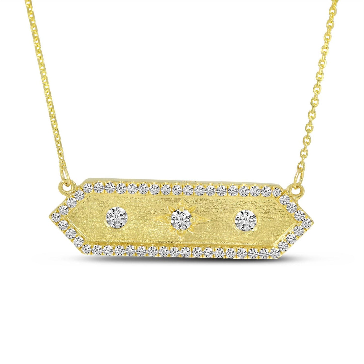 14K Yellow Gold Diamond Halo Brushed Hexagon Bar Necklace