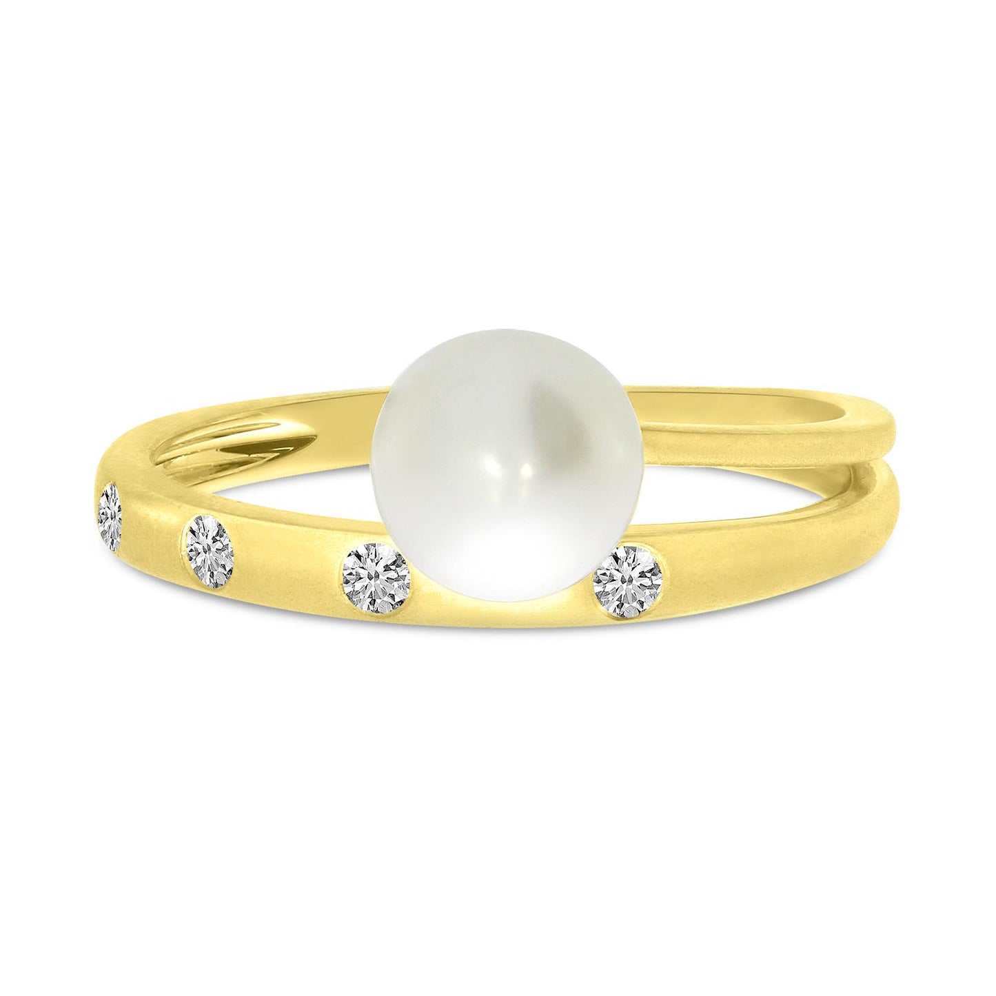 14K Yellow Gold Brushed Diamond and Pearl Ring