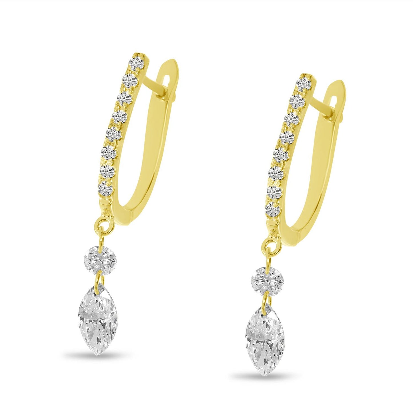 14K Yellow Gold Fancy Round and Marquise Dashing Diamond Huggie Earrings