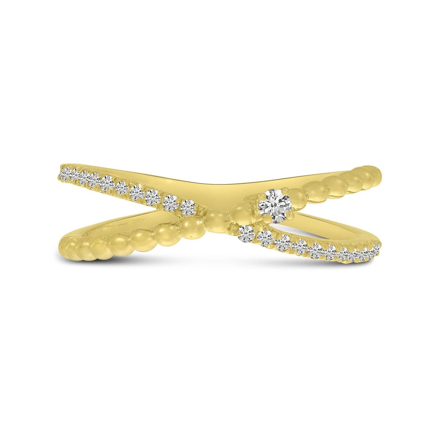 14K Yellow Gold Diamond Beaded Crossover Ring