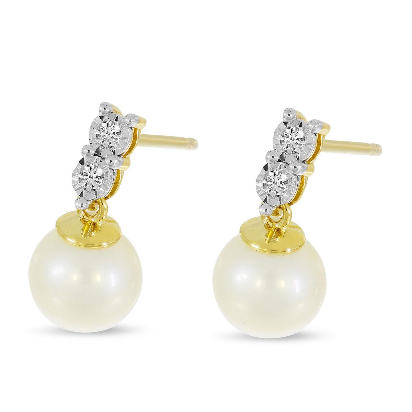 14K Yellow Gold Diamond and Pearl Dangle Post Earrings