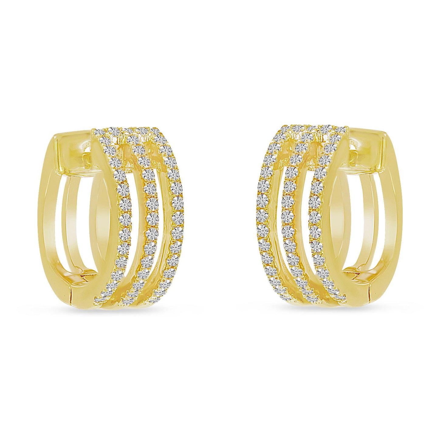 14K Gold Triple Row Diamond Huggie Earrings