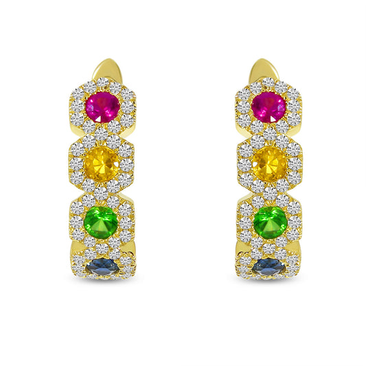 14K Yellow Gold Rainbow Sapphire and Diamond Hexagon Earrings