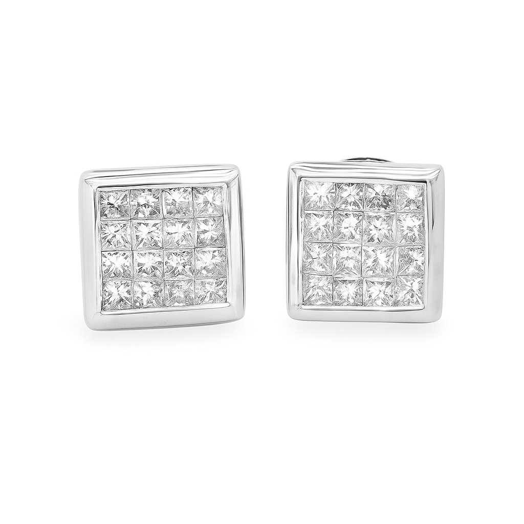 14K White Gold Square Diamond Fashion Earrings