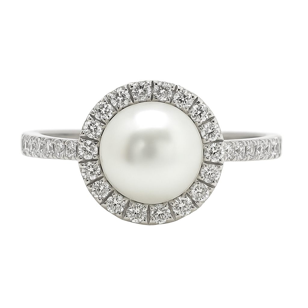 14K White Gold Pearl and Diamond Halo Ring