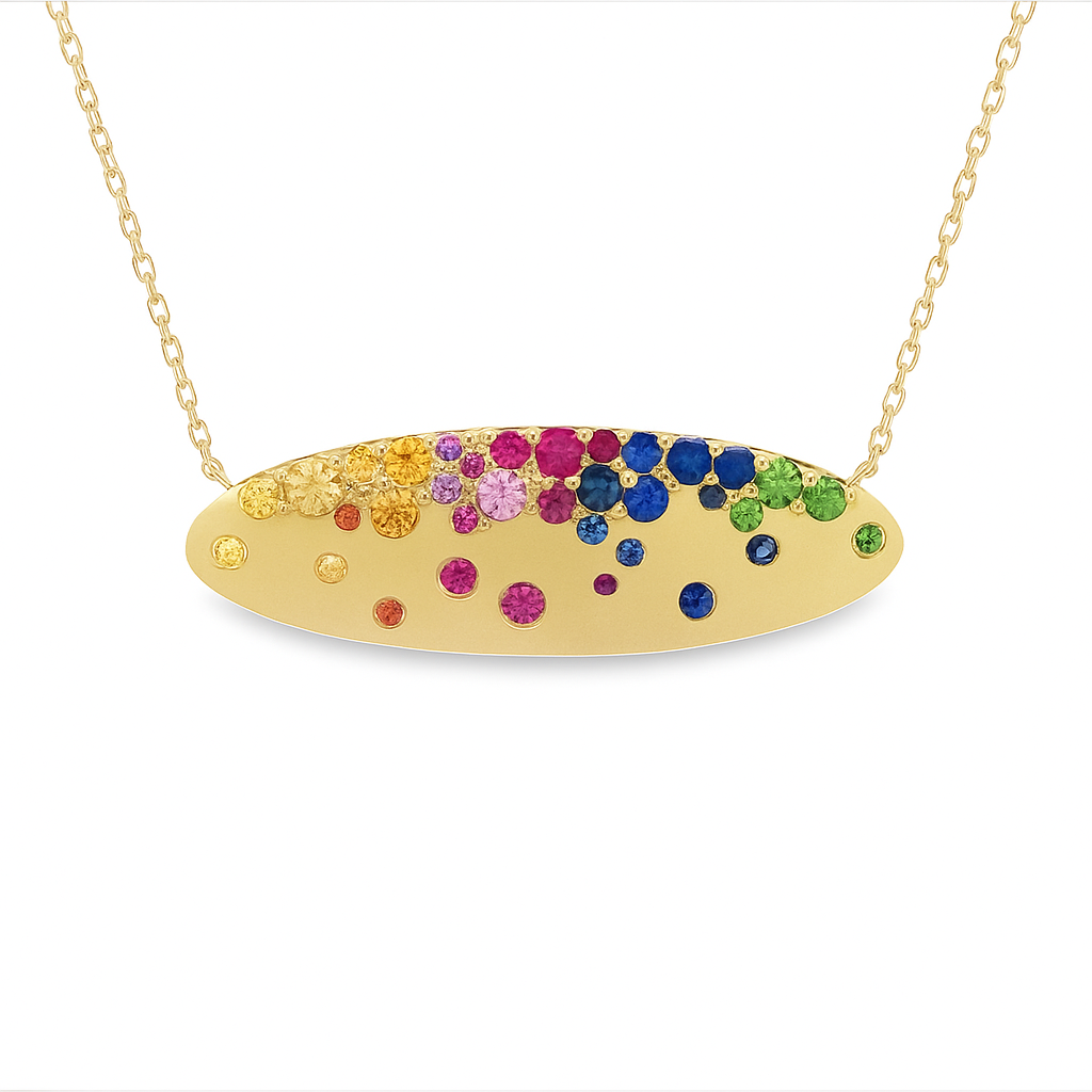 14K Yellow Gold Rainbow Gemstone Oval Necklace
