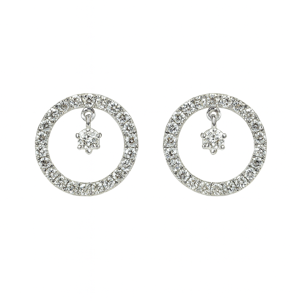 14K White Gold Pave Diamond Drop Circle Earrings