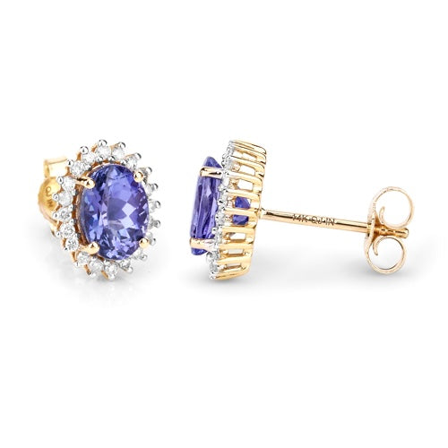 14K Yellow Gold Halo Tanzanite and Diamond Earrings