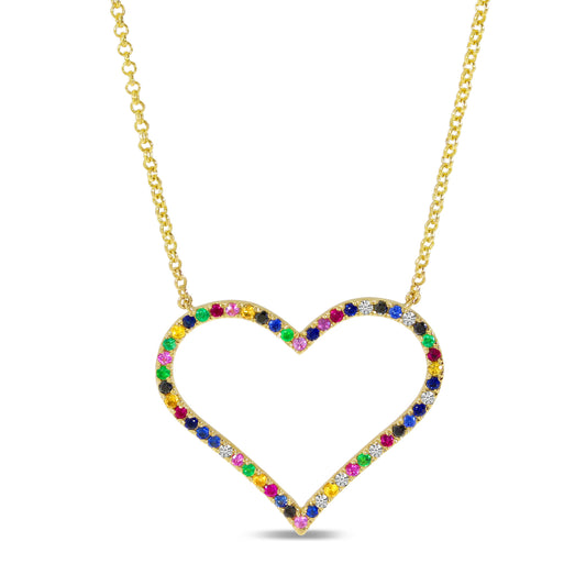 14K Yellow Gold Rainbow Sapphire Large Open Heart Necklace