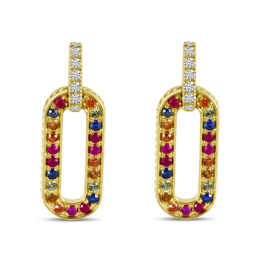 14K Yellow Gold Rainbow Sapphire and Diamond Link Earrings
