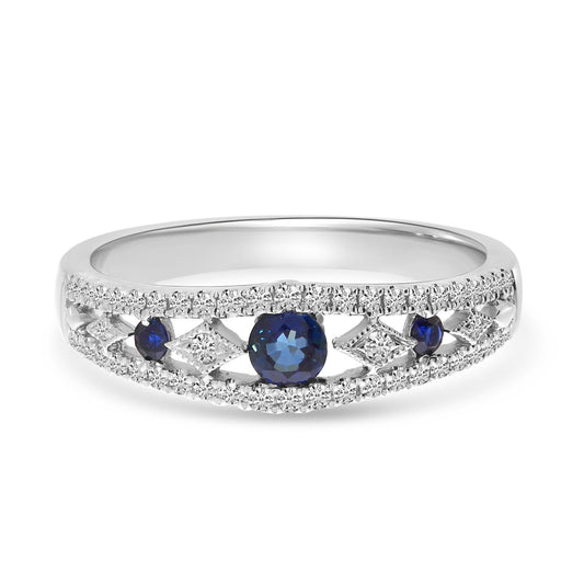 14K White Gold Round Sapphire and Diamond Alternating Band