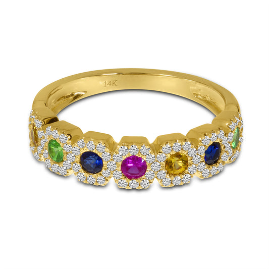 14K Yellow Gold Rainbow Sapphire and Diamond Hexagon Ring