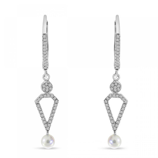 14K White Gold Pearl and Diamond Dangle Earrings